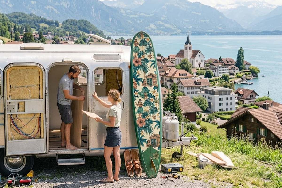 Renovationsprojekt an einem Wohnwagen mit Blick auf einen Schweizer See